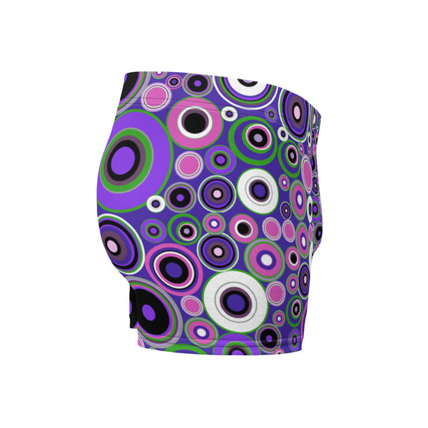 Luxury feel 60s mid-century modern retro style boxer briefs with a purple tones abstract circular shapes pattern design by BillingtonPix
