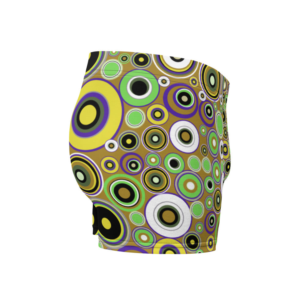 Luxury feel 60s mid-century modern retro style boxer briefs with a psychedelic groovy yellow and green tones abstract circular shapes pattern design by BillingtonPix