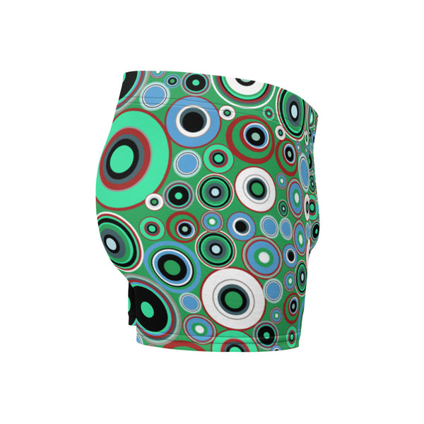Luxury feel 60s mid-century modern retro style boxer briefs with a psychedelic groovy green and blue tones abstract circular shapes pattern design by BillingtonPix