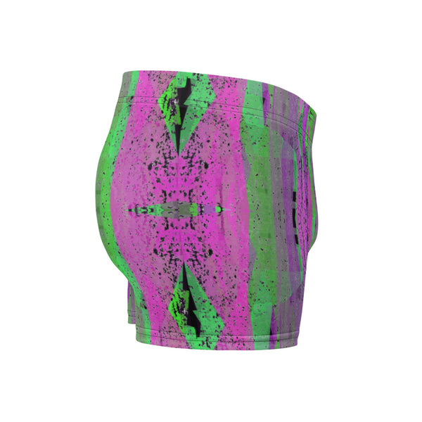 Luxury feel Pink Contemporary Retro Victorian Style Geometric Patterned male boxers with a groovy psychedelic pink and green tones in the abstract surface pattern design by BillingtonPix