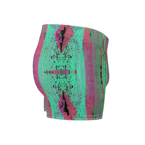 Luxury feel Pink Contemporary Retro Victorian Style Geometric Patterned male boxers with a groovy psychedelic green and pink tones in the abstract surface pattern design by BillingtonPix
