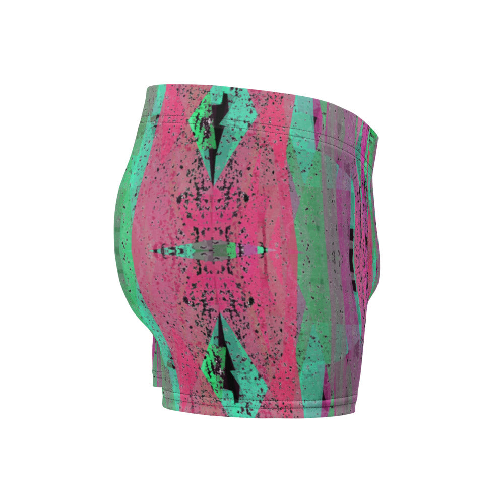 Luxury feel Crimson Contemporary Retro Victorian Style Geometric Patterned male boxers with a groovy psychedelic crimson, pink and green tones in the abstract surface pattern design by BillingtonPix