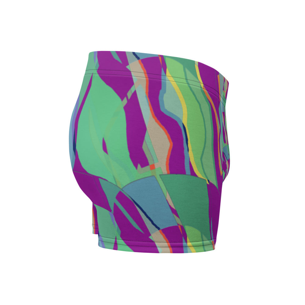 Luxury feel Purple Contemporary Retro Abstract Victorian Style Patterned mens boxer briefs with a groovy psychedelic purple, green and blue tones in the retro surface pattern design by BillingtonPix