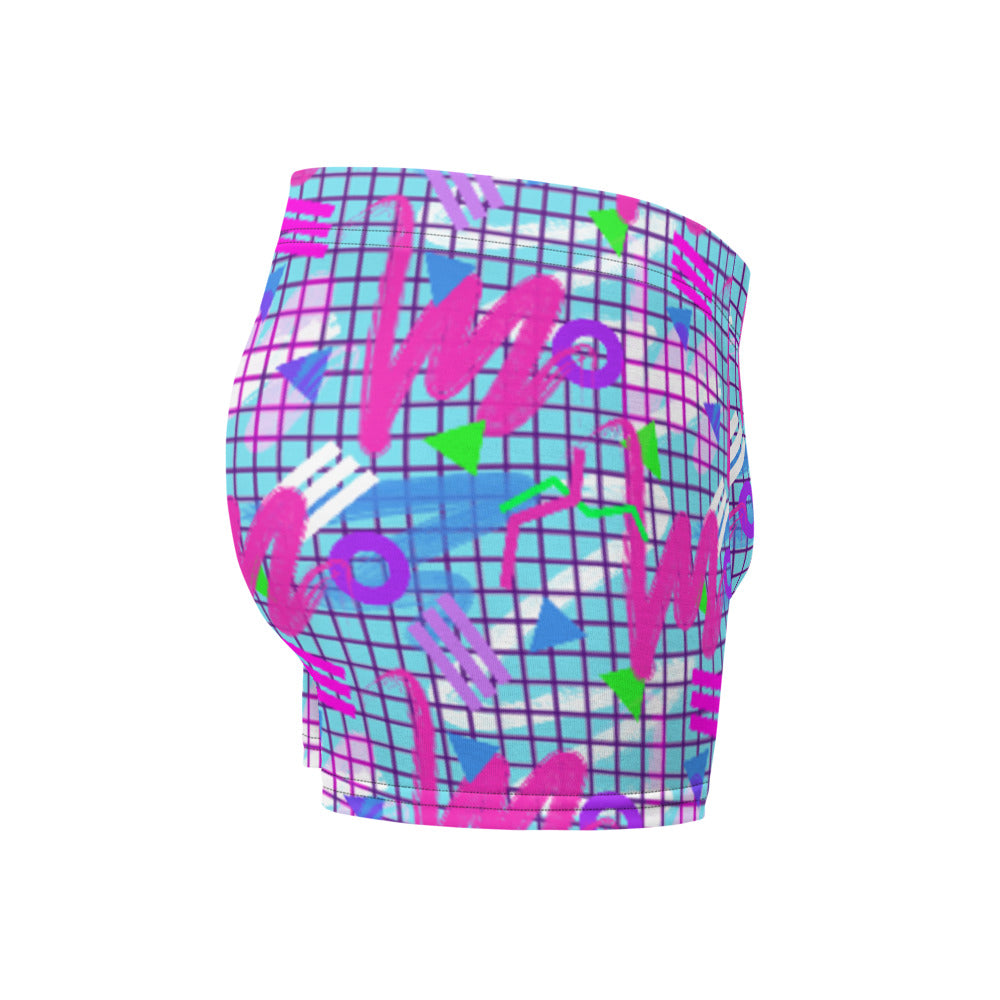 Colourful squiggles and geometric shapes in an 80s Memphis design and 90s Vaporwave style in pink, purple, green and blue, men's LGBT boxer briefs by BillingtonPix