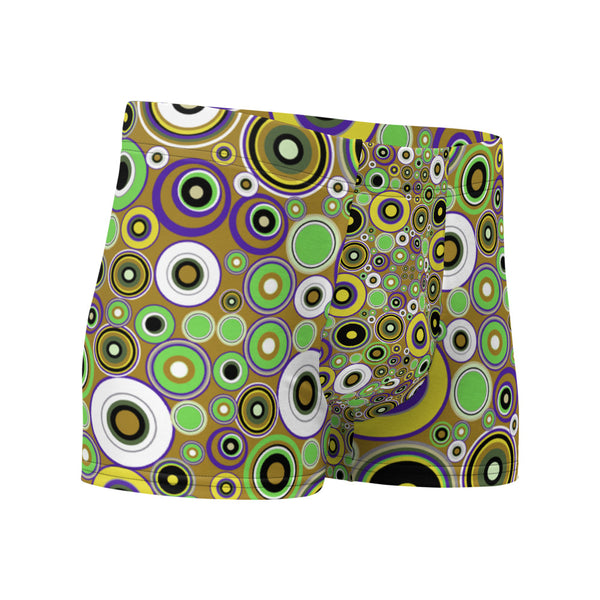 Luxury feel 60s mid-century modern retro style boxer briefs with a psychedelic groovy yellow and green tones abstract circular shapes pattern design by BillingtonPix