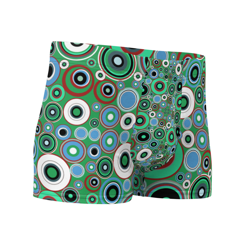 Luxury feel 60s mid-century modern retro style boxer briefs with a psychedelic groovy green and blue tones abstract circular shapes pattern design by BillingtonPix