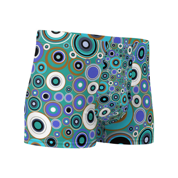 Luxury feel 60s mid-century modern retro style boxer briefs with a psychedelic groovy blue and taupe tones abstract circular shapes pattern design by BillingtonPix