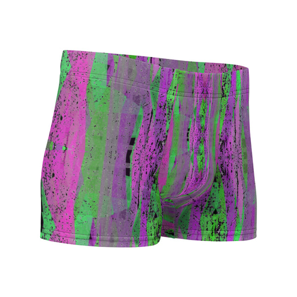 Luxury feel Pink Contemporary Retro Victorian Style Geometric Patterned male boxers with a groovy psychedelic pink and green tones in the abstract surface pattern design by BillingtonPix