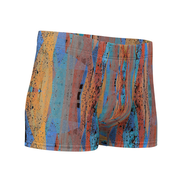 Luxury feel Orange Contemporary Retro Victorian Style Geometric Patterned male boxers with a groovy psychedelic orange, blue and taupe tones in the abstract surface pattern design by BillingtonPix