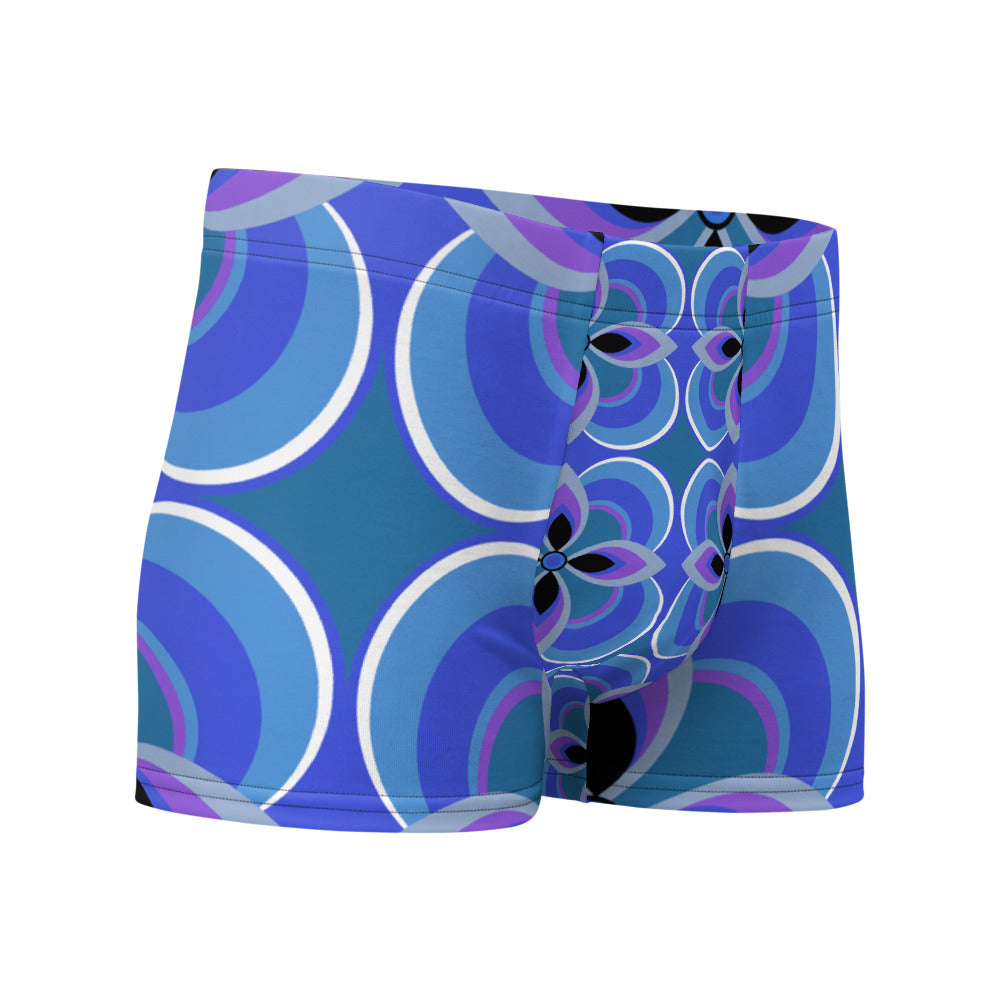 Luxury feel Blue 70s Style Geometric Floral Retro Mid Century Modern Patterned male boxers with a groovy psychedelic blue, purple and turquoise tones in the retro surface pattern design by BillingtonPix