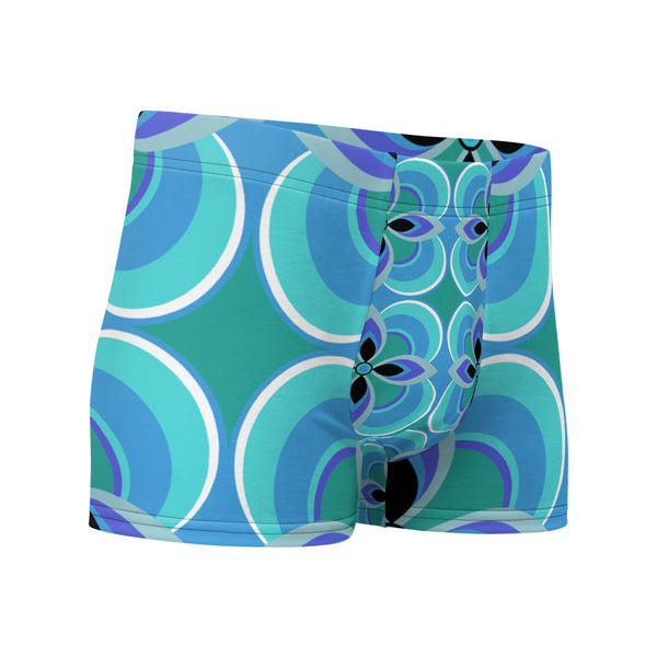 Luxury feel Blue 70s Style Geometric Floral Retro Mid Century Modern Patterned male boxers with a groovy psychedelic blue, turquoise and purple tones in the retro surface pattern design by BillingtonPix