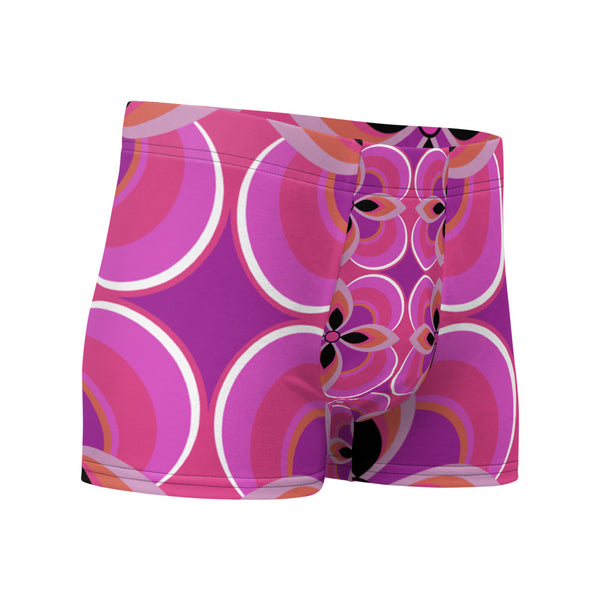 Luxury feel Blue 70s Style Geometric Floral Retro Mid Century Modern Patterned male boxers with a groovy psychedelic pink, orange and purple tones in the retro surface pattern design by BillingtonPix