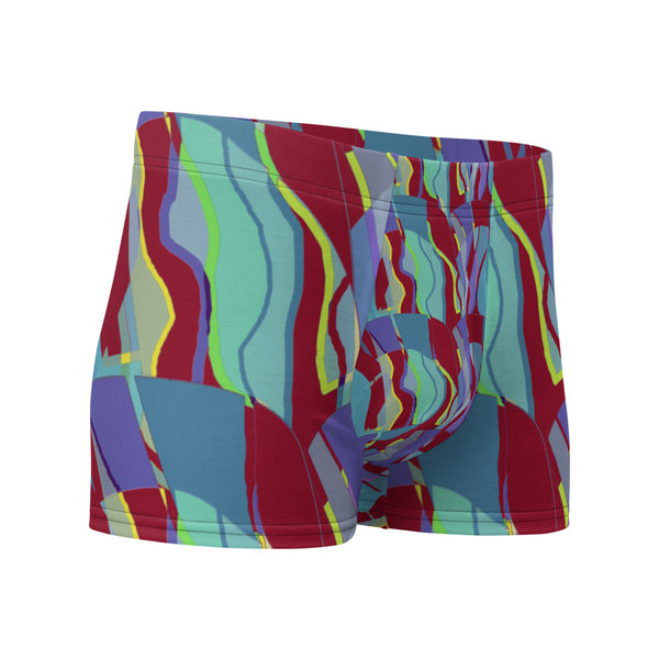 Luxury feel Burgundy Contemporary Retro Abstract Victorian Style Patterned mens boxer briefs with a groovy psychedelic burgundy, turquoise and blue tones in the retro surface pattern design by BillingtonPix