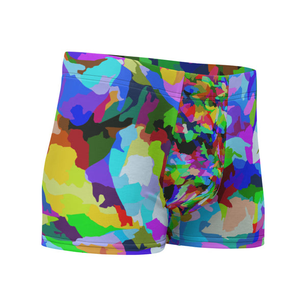 LGBT style men's all over abstract rainbow patterned boxer briefs underwear in an abstract multicoloured pattern