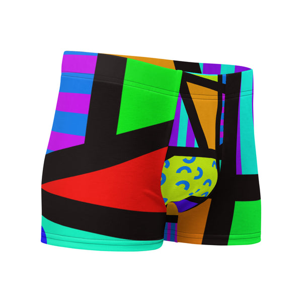 Colourful and vibrant retro 80s Memphis style men's boxer briefs with bold geometric stripes, circles and other shapes by BillingtonPix
