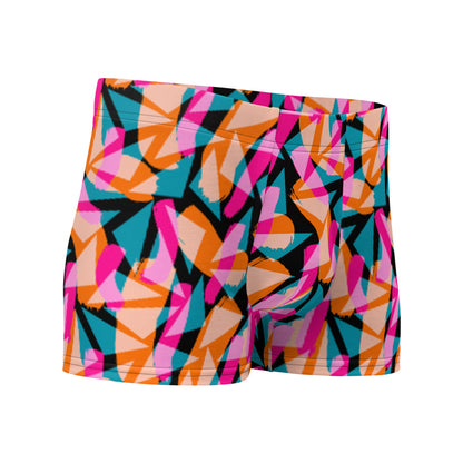 Harajuku patterned LGBT boxer briefs with vibrant geometric and abstract tones of pink, orange and turquoise against a black background on these men's boxers by BillingtonPix