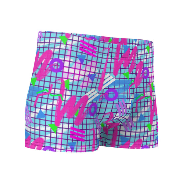 Colourful squiggles and geometric shapes in an 80s Memphis design and 90s Vaporwave style in pink, purple, green and blue, men's LGBT boxer briefs by BillingtonPix