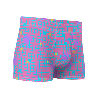 Harajuku geometric patterned men's boxers briefs in mauve, pink, blue and yellow, consisting of a grid background in mauve and pink and 80s Memphis design on these men's boxer briefs by BillingtonPix