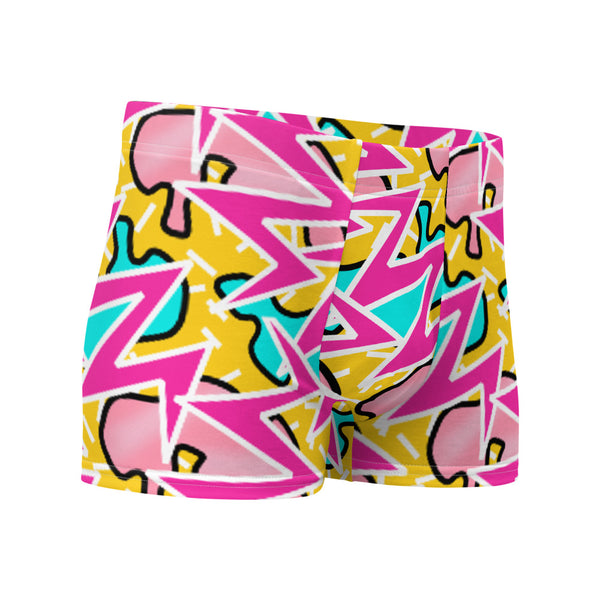 Geometric and abstract pattern in tones of pink, blue and orange on these men's boxer briefs underwear by BillingtonPix