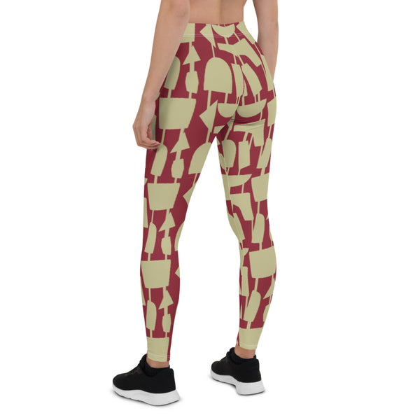  These cheeky, nude-toned and comfortable Mid-Century Modern style leggings / yoga pants consist of a cream colored, abstract geometric shapes against a vermillion red background