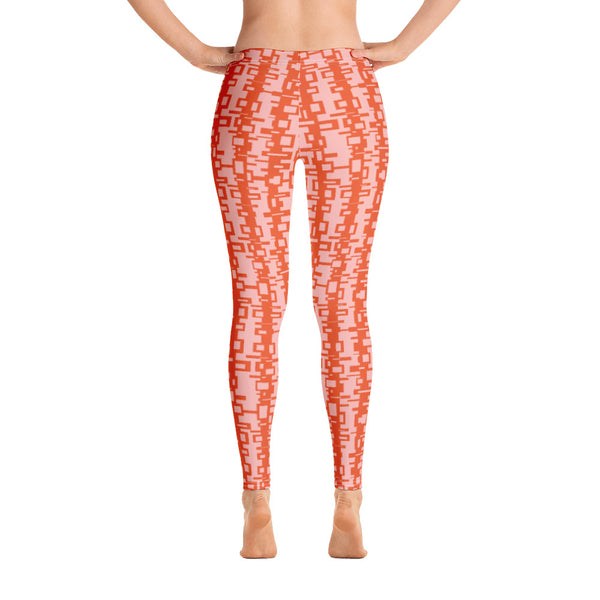 The retro futuristic style design printed onto these patterned leggings consists of a geometric tangled rectangle pattern in orange on a pink background