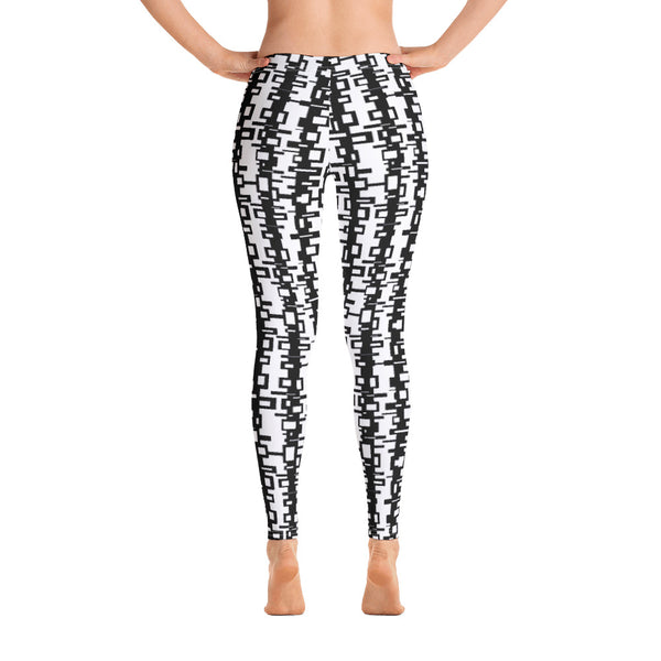 The retro futuristic style design printed onto these patterned leggings for women consists of a geometric tangled rectangle pattern in black on a white background