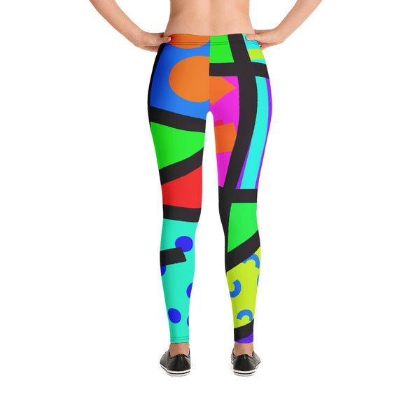 Geometric patterned Women's 80s Memphis design leggings or running tights by BillingtonPix, with bold colours and shapes, stripes, circles and swirls
