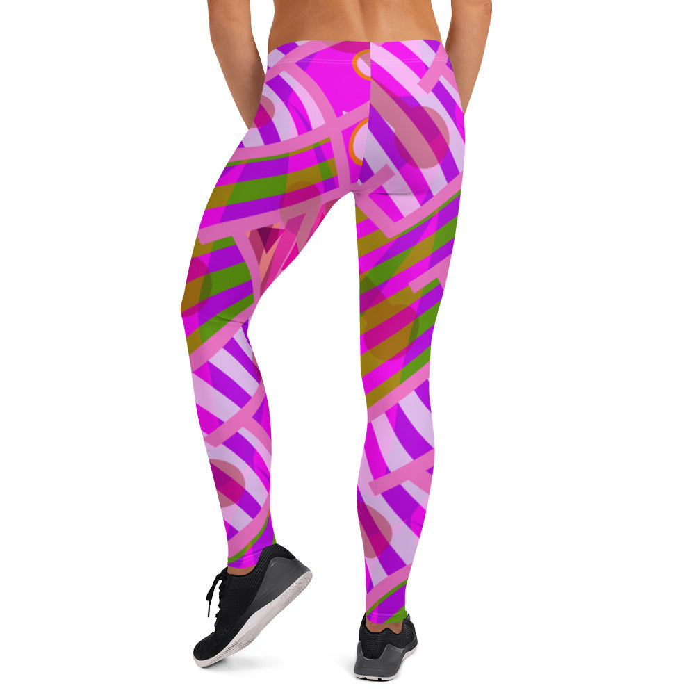 Stylish retro style patterned leggings for women with an 80s Memphis geometric design in tones of pink, purple and green with a kawaii Harajuku vibe by BillingtonPix