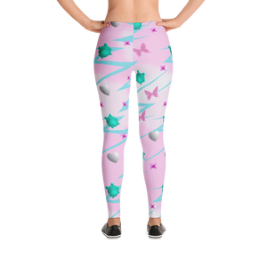 Women's Harajuku Fairy Kei gym or fashion leggings in pink with a blue lightning pattern, turquoise frogs, pink butterflies, silver hearts and pink flowers on this Yume Kawaii aesthetic fashion for festivals, streetwear fashion, gym or running tights by BillingtonPix