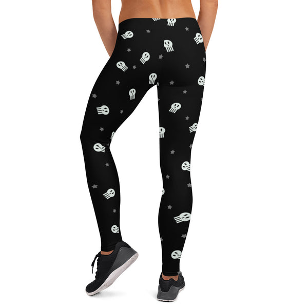 Cute skull leggings for Halloween. Black leggings for women with skulls and stars. Spooky gym leggings in a cute and spooky pattern by BillingtonPix