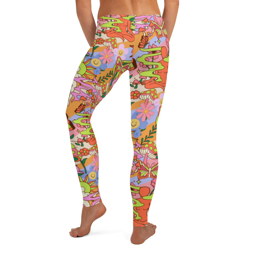 Groovy 70s Style Leggings | Kawaii Flower Power Compression Pants | Yume Kawaii Harajuku Fashion Leggings | Rave Outfit Festival Leggings, flowers, mushrooms, buddha, shrines, hippie leggins for women