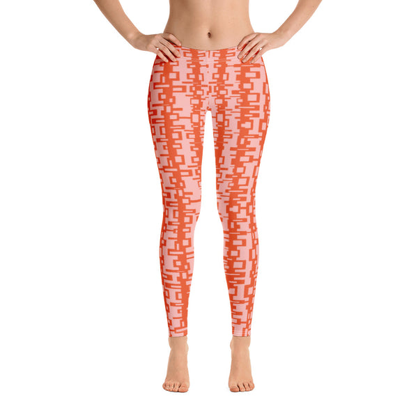 The retro futuristic style design printed onto these patterned leggings consists of a geometric tangled rectangle pattern in orange on a pink background