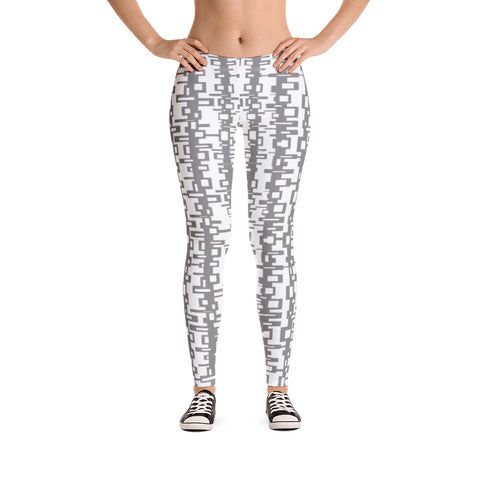 The retro futuristic style design printed onto these leggings consists of a geometric tangled rectangle pattern in grey on a white background
