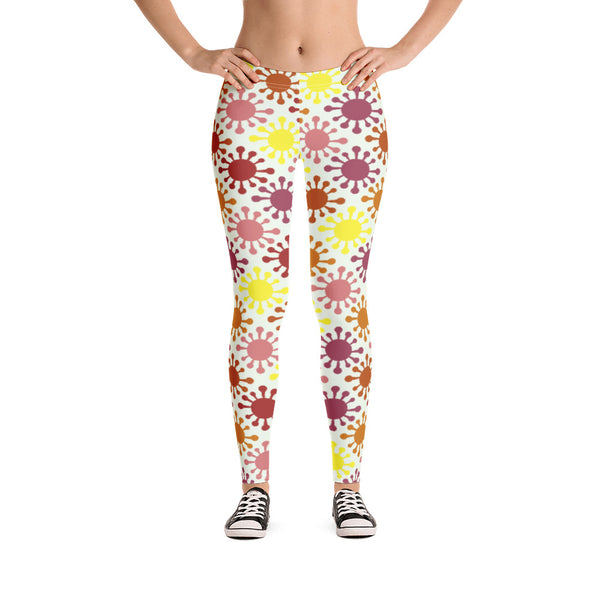 The retro futuristic style design printed onto these leggings consists of colourful virus icons in pink, yellow and orange against a light cream background