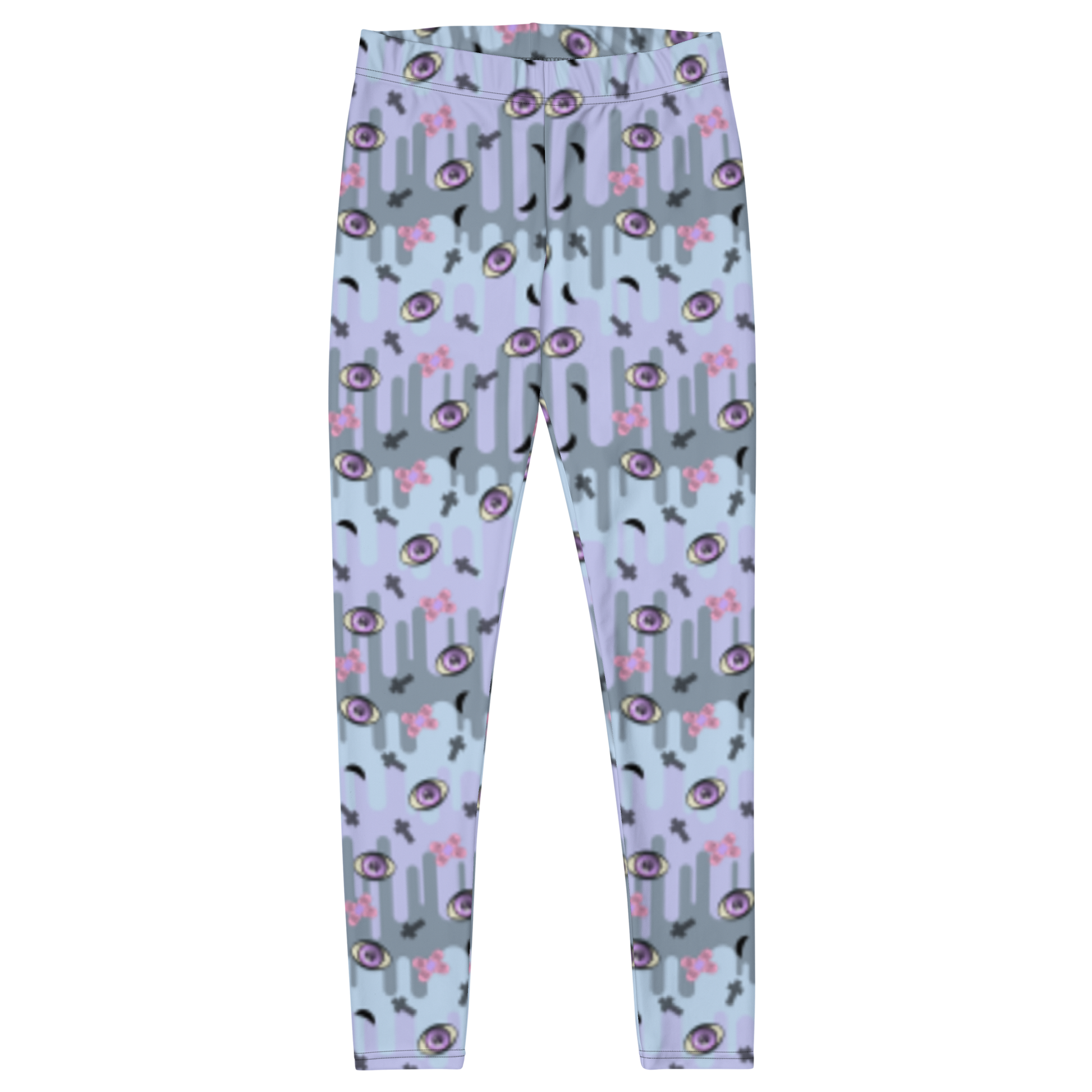 Pastel goth design harajuku leggings for women with a spooky pattern of eyeballs, crosses and black moons against a pastel drip design on these festival pants or running tights for women by BillingtonPix