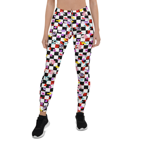 Yami Kawaii Harajuku Anime design women's leggings with a black and white chequered background, containing a number of Menhera Kei and Pop Kei references such as kawaii pink mice, yellow crosses, pastel goth spooky eyes, splatters of blood, hearts and cute looking pills. These gym leggings or running tights for women are something you might want to wear as festival leggings or rave fashion. Design by BillingtonPix