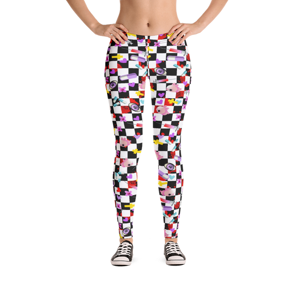 Yami Kawaii Harajuku Anime design women's leggings with a black and white chequered background, containing a number of Menhera Kei and Pop Kei references such as kawaii pink mice, yellow crosses, pastel goth spooky eyes, splatters of blood, hearts and cute looking pills. These gym leggings or running tights for women are something you might want to wear as festival leggings or rave fashion. Design by BillingtonPix