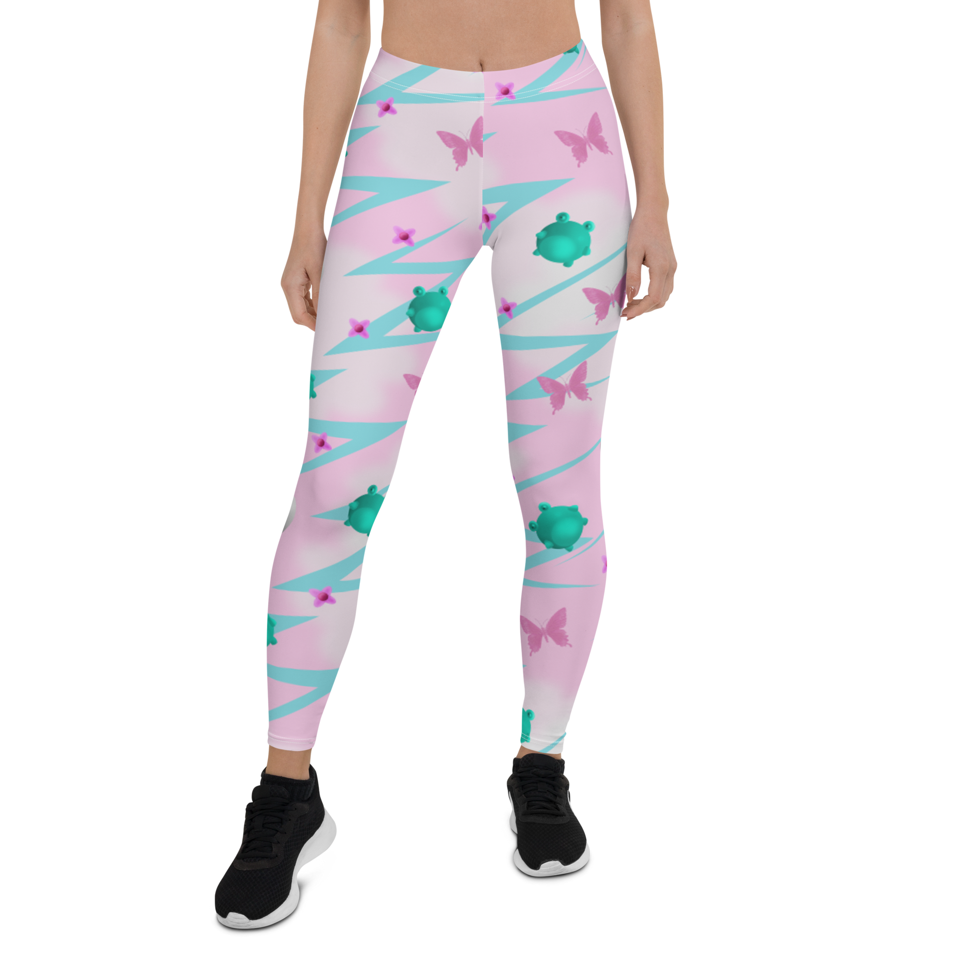 Women's Harajuku Fairy Kei gym or fashion leggings in pink with a blue lightning pattern, turquoise frogs, pink butterflies, silver hearts and pink flowers on this Yume Kawaii aesthetic fashion for festivals, streetwear fashion, gym or running tights by BillingtonPix