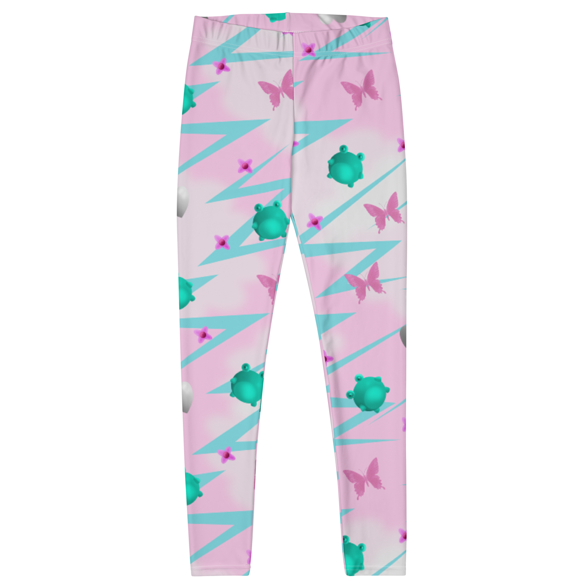 Women's Harajuku Fairy Kei gym or fashion leggings in pink with a blue lightning pattern, turquoise frogs, pink butterflies, silver hearts and pink flowers on this Yume Kawaii aesthetic fashion for festivals, streetwear fashion, gym or running tights by BillingtonPix