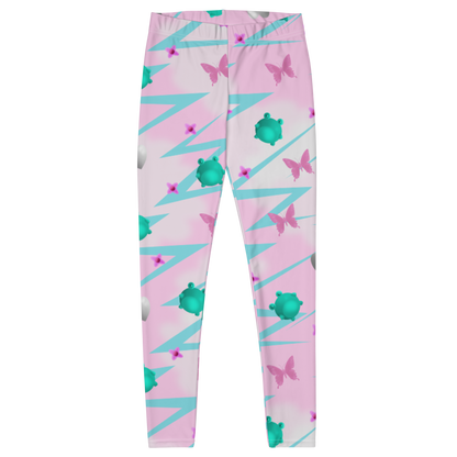 Women's Harajuku Fairy Kei gym or fashion leggings in pink with a blue lightning pattern, turquoise frogs, pink butterflies, silver hearts and pink flowers on this Yume Kawaii aesthetic fashion for festivals, streetwear fashion, gym or running tights by BillingtonPix