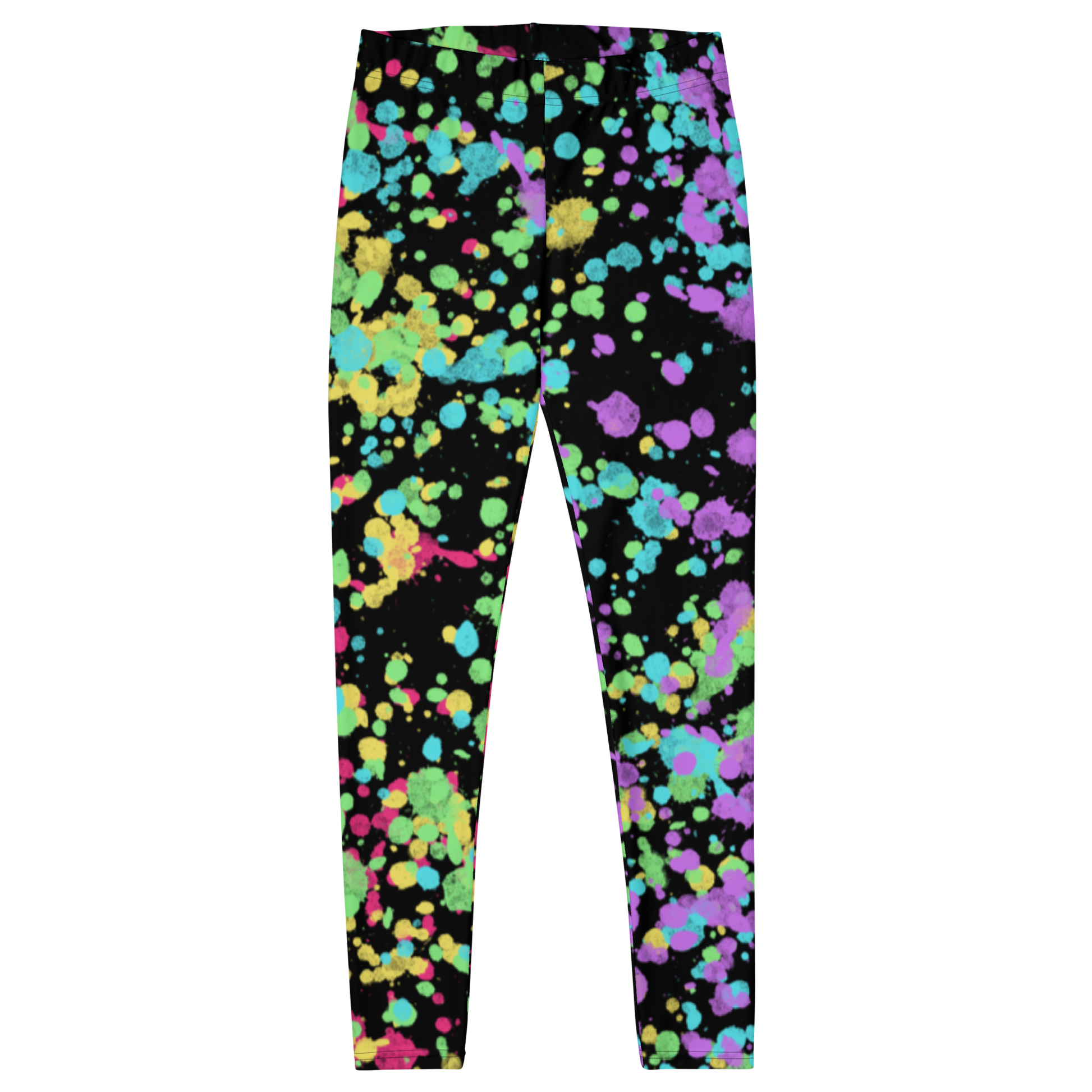 LGBTQ Gay Pride Rainbow Flag ink splats gym leggings for women with red, yellow, blue., green and purple splatters against a black background on these unique and best running tights, Gay Pride and festival leggings for women