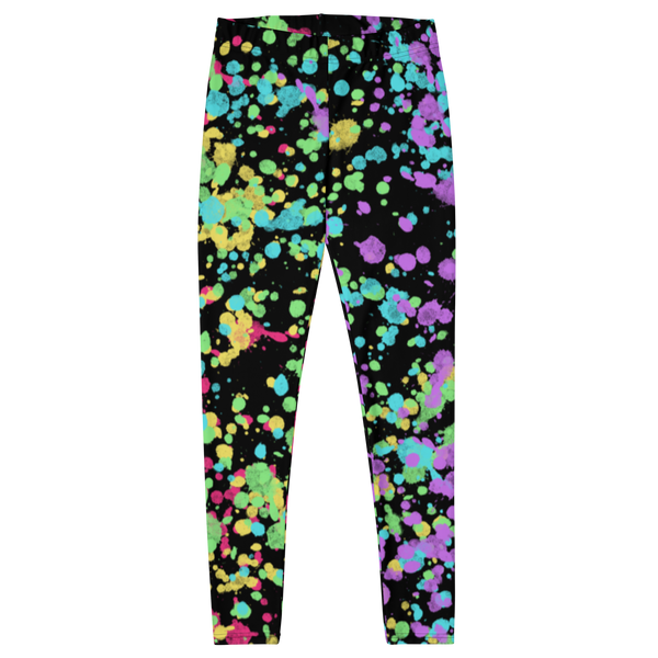 LGBTQ Gay Pride Rainbow Flag ink splats gym leggings for women with red, yellow, blue., green and purple splatters against a black background on these unique and best running tights, Gay Pride and festival leggings for women