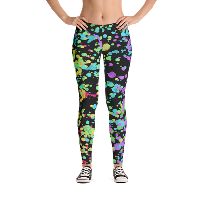 LGBTQ Gay Pride Rainbow Flag ink splats gym leggings for women with red, yellow, blue., green and purple splatters against a black background on these unique and best running tights, Gay Pride and festival leggings for women