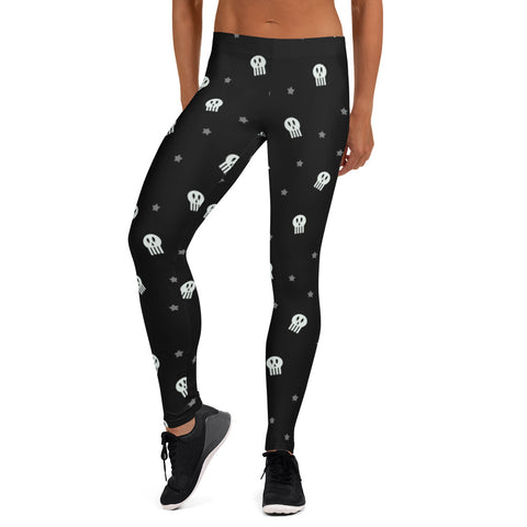 Cute skull leggings for Halloween. Black leggings for women with skulls and stars. Spooky gym leggings in a cute and spooky pattern by BillingtonPix