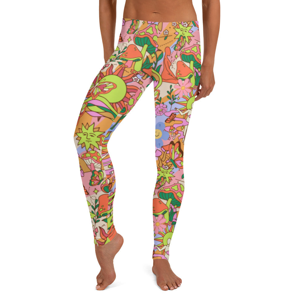 Groovy 70s Style Leggings | Kawaii Flower Power Compression Pants | Yume Kawaii Harajuku Fashion Leggings | Rave Outfit Festival Leggings, flowers, mushrooms, buddha, shrines, hippie leggins for women