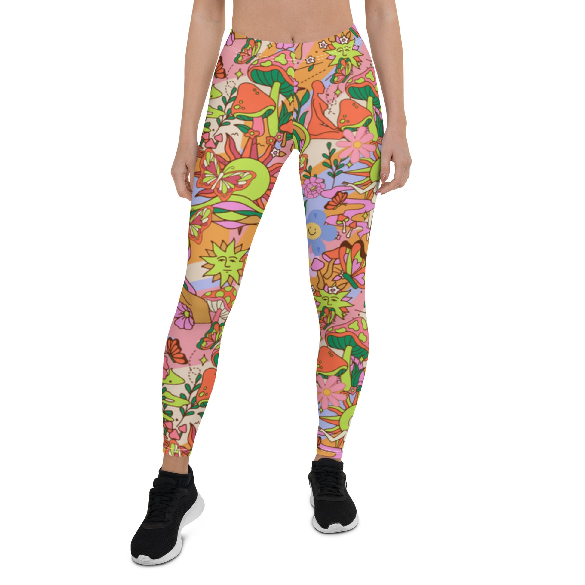 Groovy 70s Style Leggings | Kawaii Flower Power Compression Pants | Yume Kawaii Harajuku Fashion Leggings | Rave Outfit Festival Leggings, flowers, mushrooms, buddha, shrines, hippie leggins for women