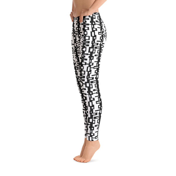 The retro futuristic style design printed onto these patterned leggings for women consists of a geometric tangled rectangle pattern in black on a white background