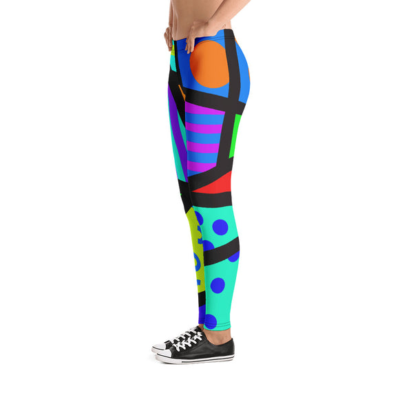 Geometric patterned Women's 80s Memphis design leggings or running tights by BillingtonPix, with bold colours and shapes, stripes, circles and swirls
