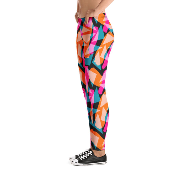 Geometric patterned 90s Memphis design women's gym leggings athleisure streetwear fashion in colorful tones of pink, turquoise green and orange against a black background on this Harajuku design running tights for women by BillingtonPix