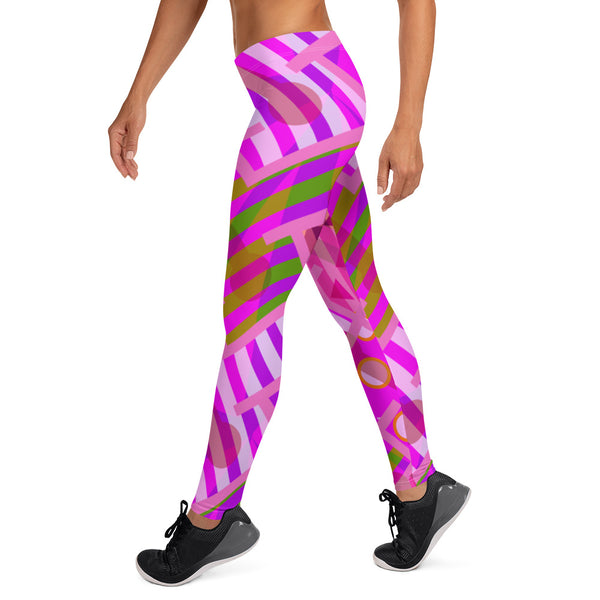 Stylish retro style patterned leggings for women with an 80s Memphis geometric design in tones of pink, purple and green with a kawaii Harajuku vibe by BillingtonPix